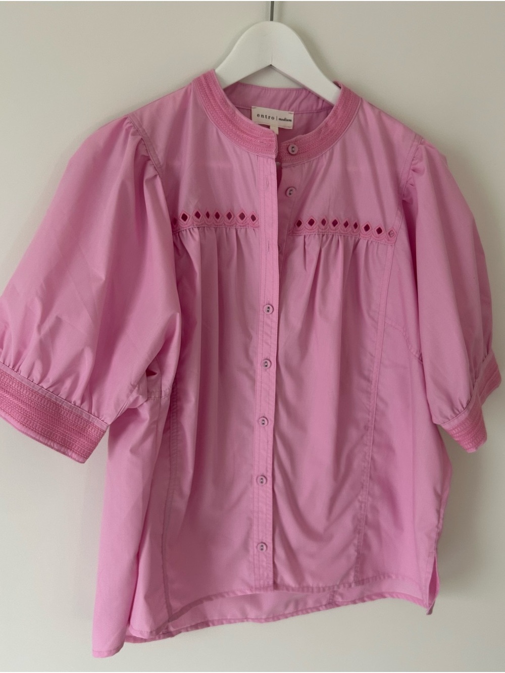 Entro Baby Pink Eyelet Puff-Sleeve Button-Front Blouse Cottagecore